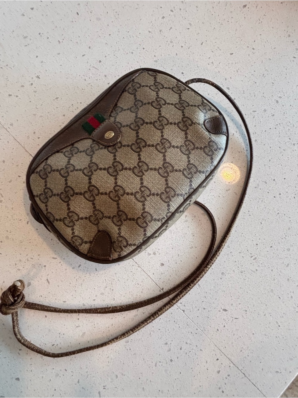 Gucci Beige/Brown Monogram Crossbody with Green-Red Web